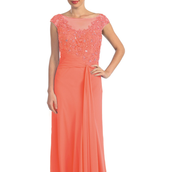 GLS Collective Dresses & Skirts - Illusion Nekcline Cap Sleeves Long Dress GL1100